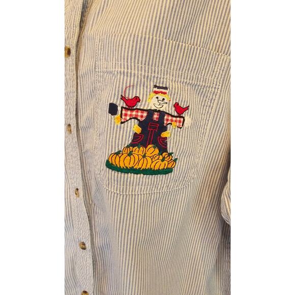 Vintage M embroidered chambray scarecrow farm  long sleeve graphic button up+ - Picture 3 of 7